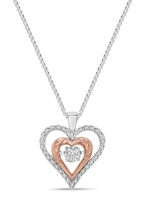 Double heart diamond pulse necklace, a .11CT diamond in the center with additional diamonds along the edge of the pendant