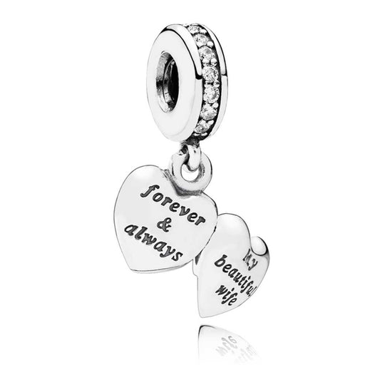 Pandora open heart-shaped sterling silver locket charm. One side of locket reads "forever & always". The other side reads "my beautiful wife".