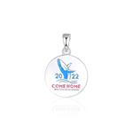 Come home year 2022 round circle pendant pictured without a chain. The design on the pendant features a blue coloured whale breaching the water with the year