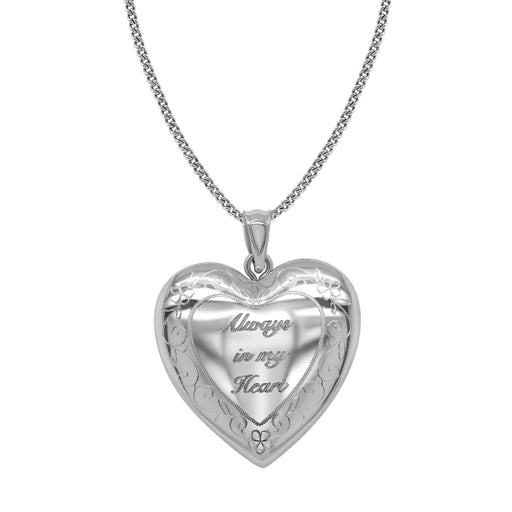 24mm sterling silver locket hung on a sterling silver chain. The face of the locket features flowers and a patterned design with the engraving "Always In My Heart" at the center in a cursive font.