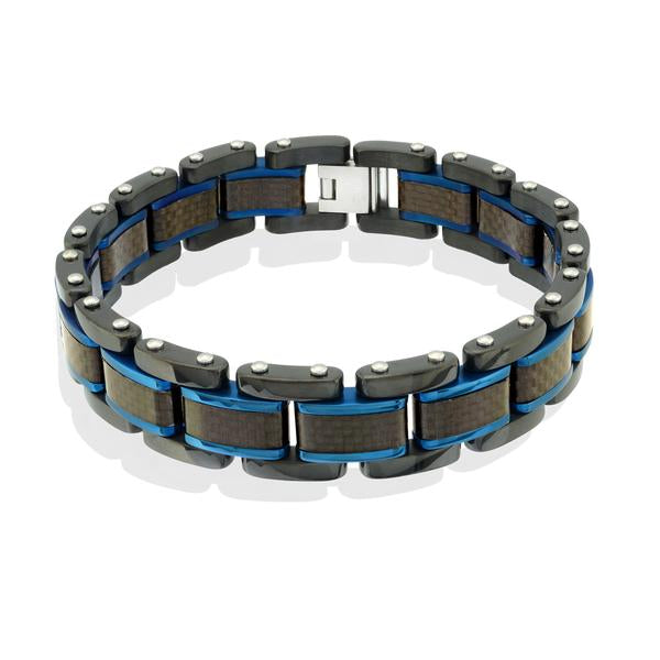Italgem Stainless Steel Black and Blue Men's Link Bracelet