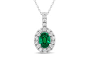 10K White Gold Emerald Diamond Halo Necklace
