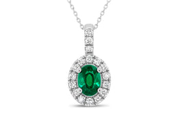 10K White Gold Emerald Diamond Halo Necklace