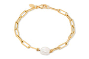 10K Yellow Gold & White Pearl Paperclip Bracelet