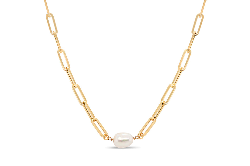 10K Yellow Gold & White Pearl Paperclip Necklace