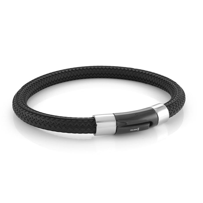 Italgem Stainless Steel & Black Leather Bracelet