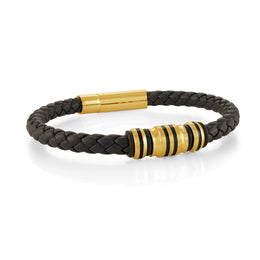 Italgem Men's Stainless Steel Black & Gold Leather Bracelet