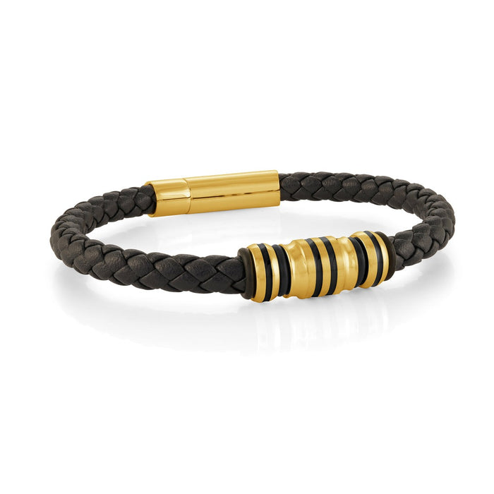 Italgem Stainless Steel Black & Gold Leather Bracelet