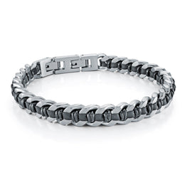 Italgem Men's Stainless Steel & Black Leather Bracelet