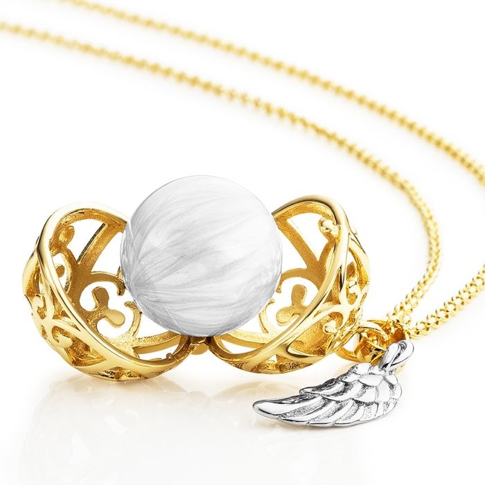 14mm Yellow Gold Plated Sound Ball Necklace: White Pearl