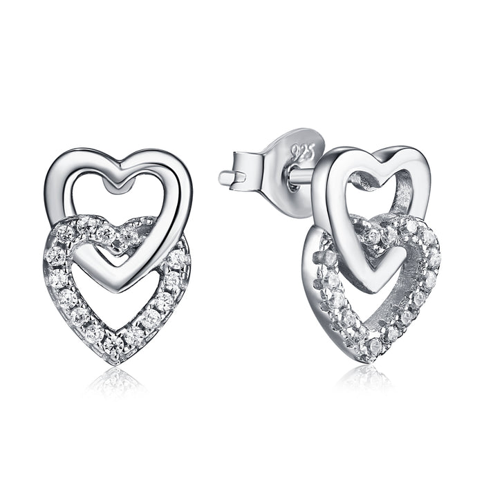 Casablanca Sterling Silver Double Heart Stud Earrings