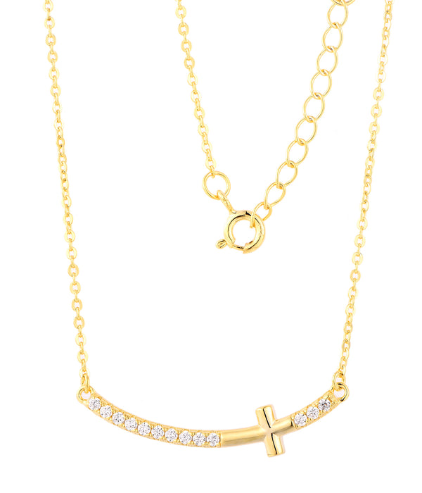 Casablanca Gold Plated CZ Bar Cross Necklace