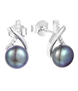 Casablanca Sterling Silver CZ & Black Pearl Stud Earrings