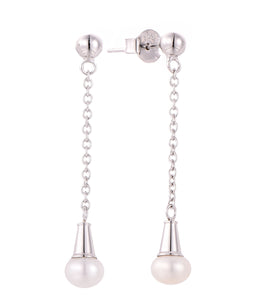 Casablanca Sterling Silver Pearl Chain Drop Stud Earrings