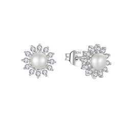 Casablanca Sterling Silver Pearl Flower Bezel Stud Earrings