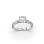 A custom Diamond Cathedral Engagement Ring with a prominent central diamond surrounded by smaller diamonds on the band, set in a white gold mounting.
