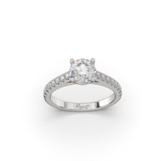 A custom Diamond Cathedral Engagement Ring with a prominent central diamond surrounded by smaller diamonds on the band, set in a white gold mounting.