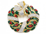 Green & Red Crystal Christmas Wreath Brooch