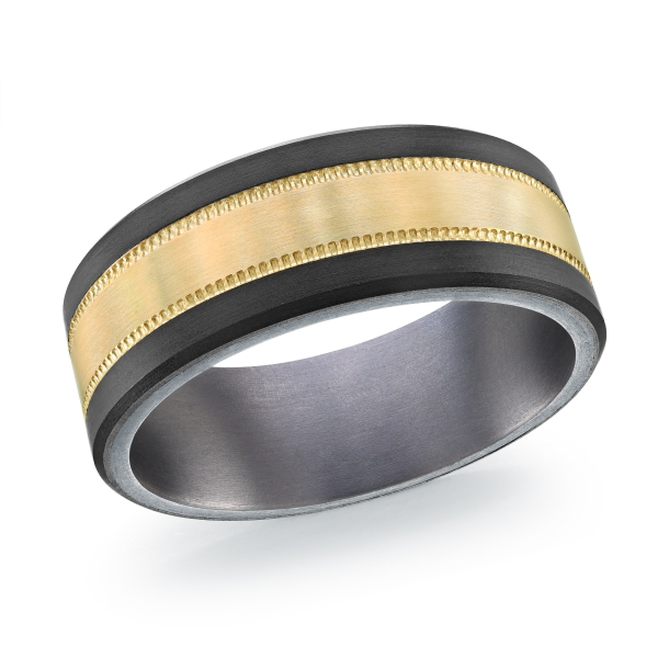 Mardini 8MM Men’s Milgrain Yellow Gold, Black Carbon Fibre & Grey Tantalum Wedding Band