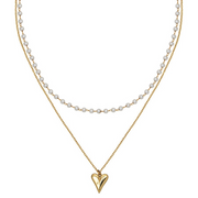 Steelx Stainless Steel Yellow Gold Tone Layered Heart Necklace with 3mm Freshwater Pearls
