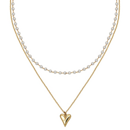 Steelx Stainless Steel Yellow Gold Tone Layered Heart Necklace with 3mm Freshwater Pearls