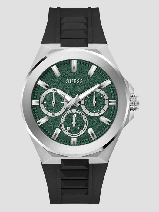 Guess Men's Black Silver Tone Watch: Green Dial