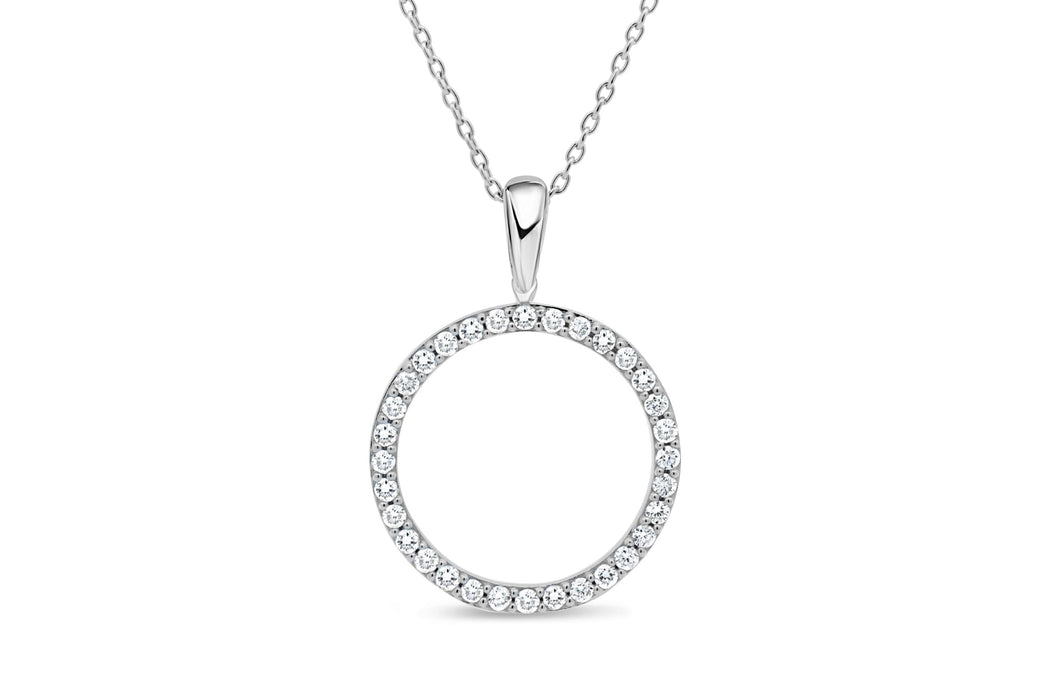 10KT White Gold Circle Diamond Pendant & Chain