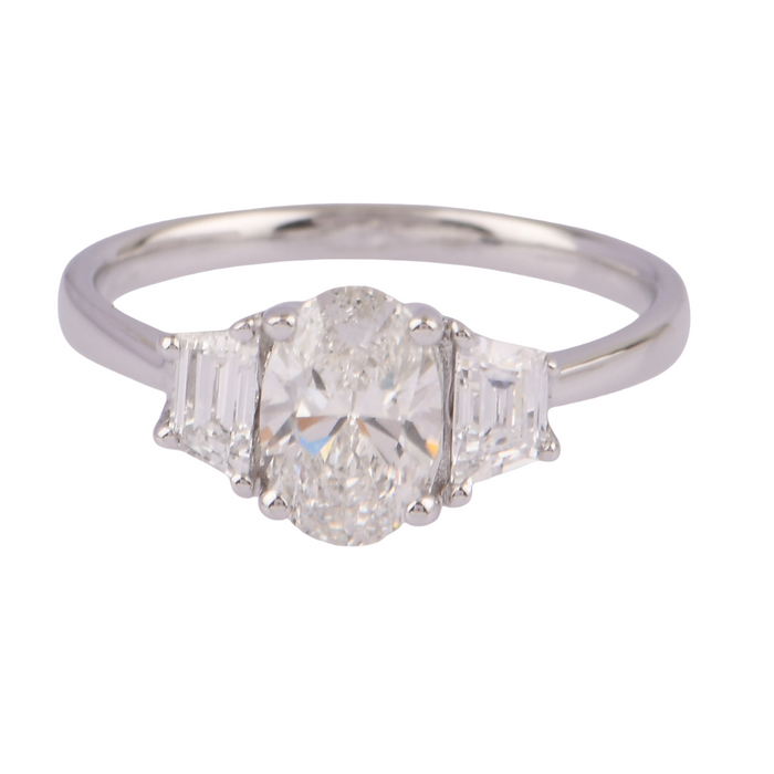 1.40CTW Lab Grown Oval Diamond & Trapazoid Side Diamonds Ring