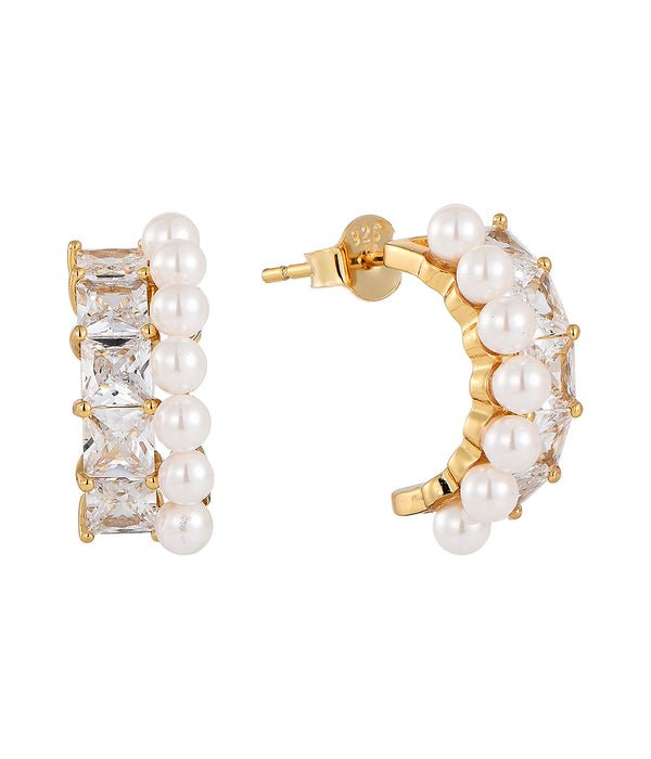 Casablanca Gold Plated CZ & Pearl Double Row Earrings