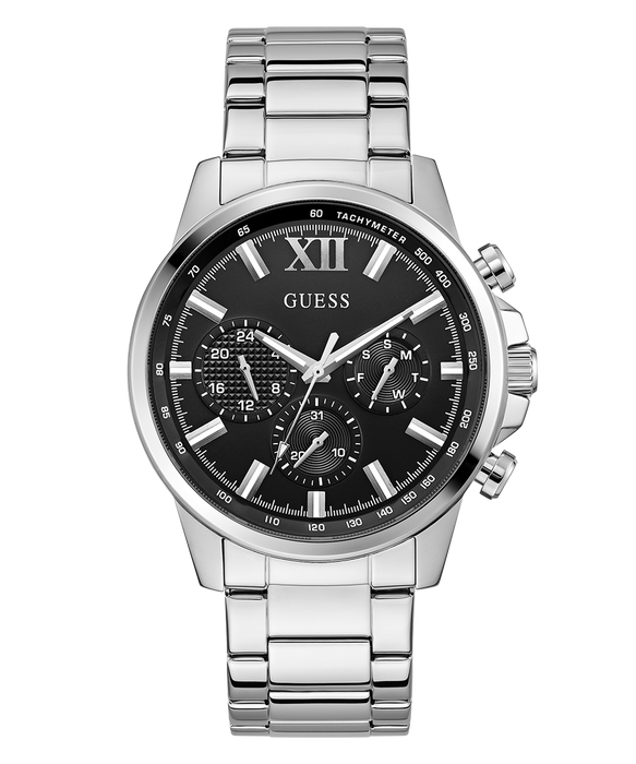 Guess Mens Silver Tone Multi-Function Watch: Black Dial