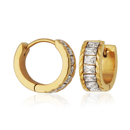 Steelx Stainless Steel Yellow Gold Tone Baguette Crystal Hinged Hoop Earrings