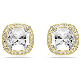 Swarovski Una Angelic Yellow Gold Tone Cushion Cut Halo Crystal Stud Earrings