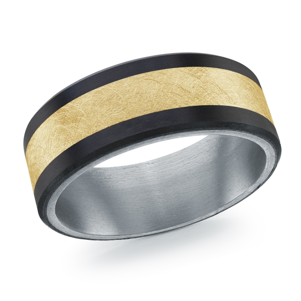 Mardini 8MM Men’s Brushed Yellow Gold, Black Carbon Fibre & Tantalum Wedding Band