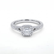 0.72CT Natural Mined Princess-Cut Diamond Halo Engagement Ring with Split Pavé Shank in 14K White Gold
