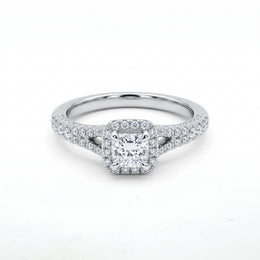 0.72CT Natural Mined Princess-Cut Diamond Halo Engagement Ring with Split Pavé Shank in 14K White Gold