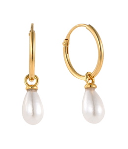Yellow Gold Plated Freshwater Pearl Drop Hoop Earrings
