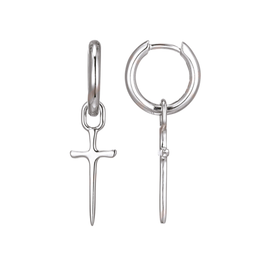 Casablanca Rhodium Plated Silver Tone Dangle Cross Hoop Earrings