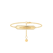 Gold bracelet with a rectangular tag and a round pendant on a white background