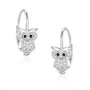 Casablanca Sterling Silver CZ Owl Drop Earrings