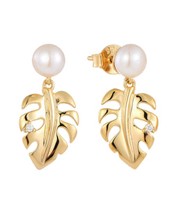 Casablanca Gold Plated CZ & Pearl Leaf Earrings