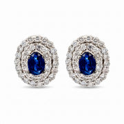 10KT White Gold Double Diamond Halo Blue Sapphire Stud Earrings