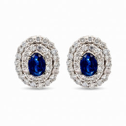 10KT White Gold Double Diamond Halo Blue Sapphire Stud Earrings