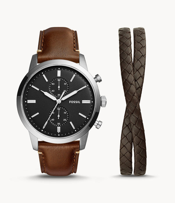 Fossil Townsman Chronograph Brown Eco Leather Watch and Bracelet Set
