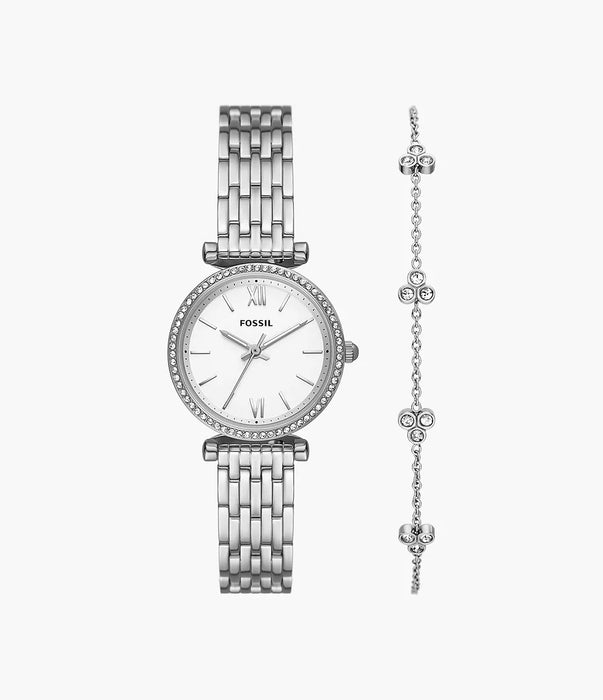 Fossil Carlie Three-Hand Stainless Steel Watch and Bracelet Gift Set