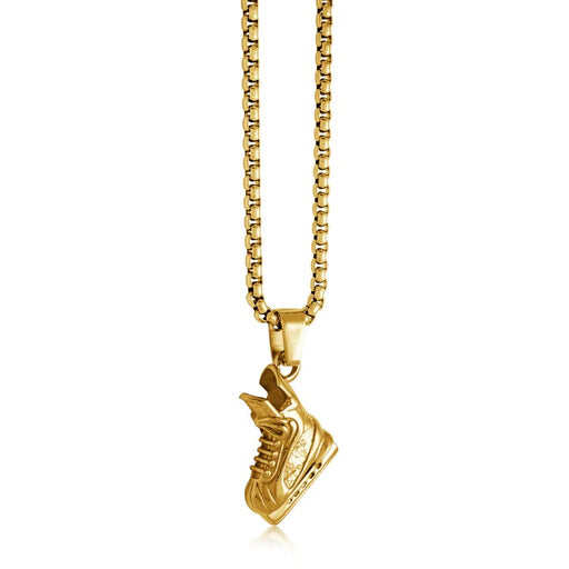 Stainless steel hockey skate necklace hanging on a gold coloured chain.