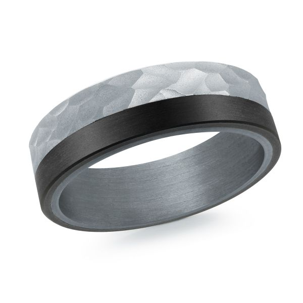 Mardini 7MM Men’s 10KT Hammered White Gold, Carbon Fibre & Tantalum Wedding Band