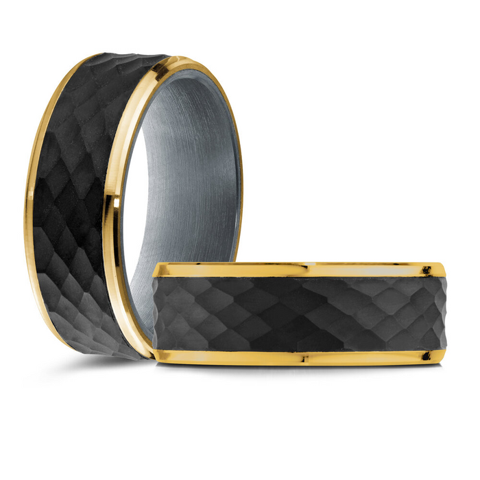 Mardini 8MM Men’s 10KT Yellow Gold, Hammered Carbon Fibre & Tantalum Wedding Band