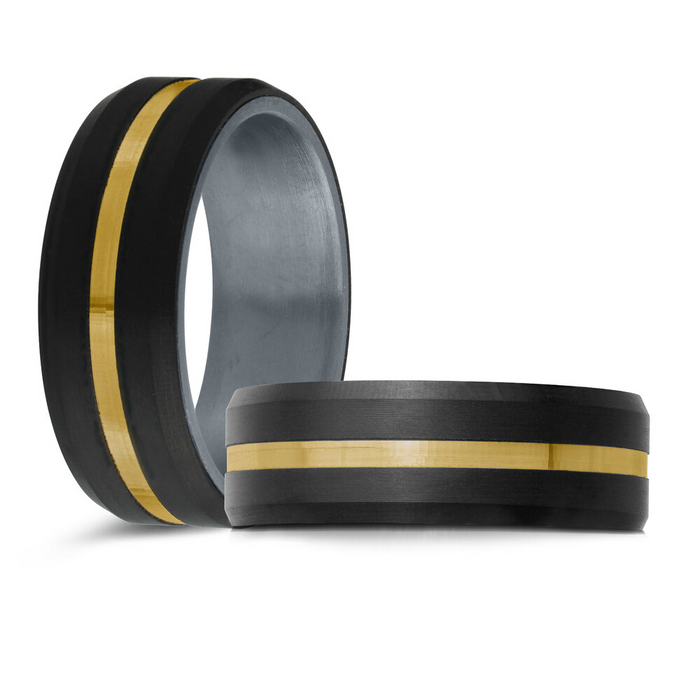Mardini 8MM Men’s Black Carbon Fibre & Tantalum Wedding Band with 10KT Yellow Gold Stripe