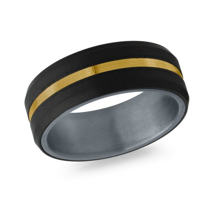 Mardini 8MM Men’s Black Carbon Fibre & Tantalum Wedding Band with 10KT Yellow Gold Stripe