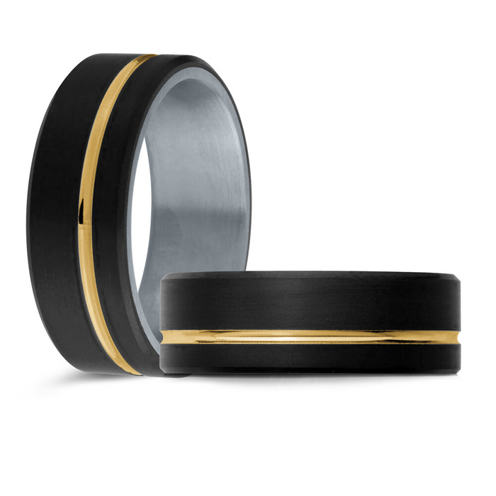 Mardini 8MM Men’s Black Carbon Fibre & Tantalum Wedding Band with 10KT Yellow Gold Inlay